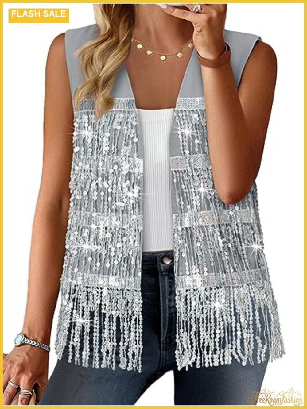 Womens Sequin Fringe Sleeveless Vest Sparkly Jacket Cardigan